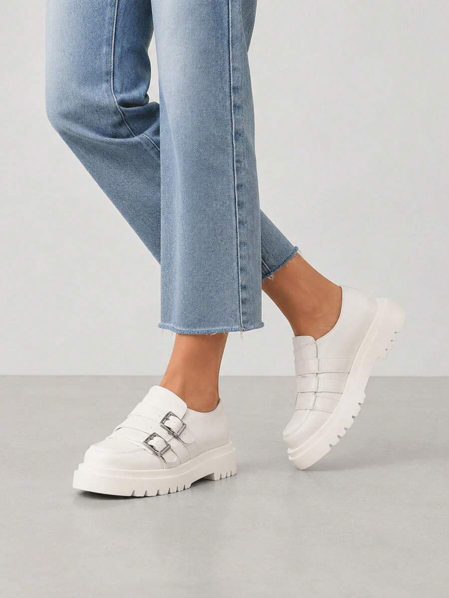 Mocassins à semelles épaisses écrues, Mocassins à boucle, , Semelle épaisse. - Crème - Voir 1