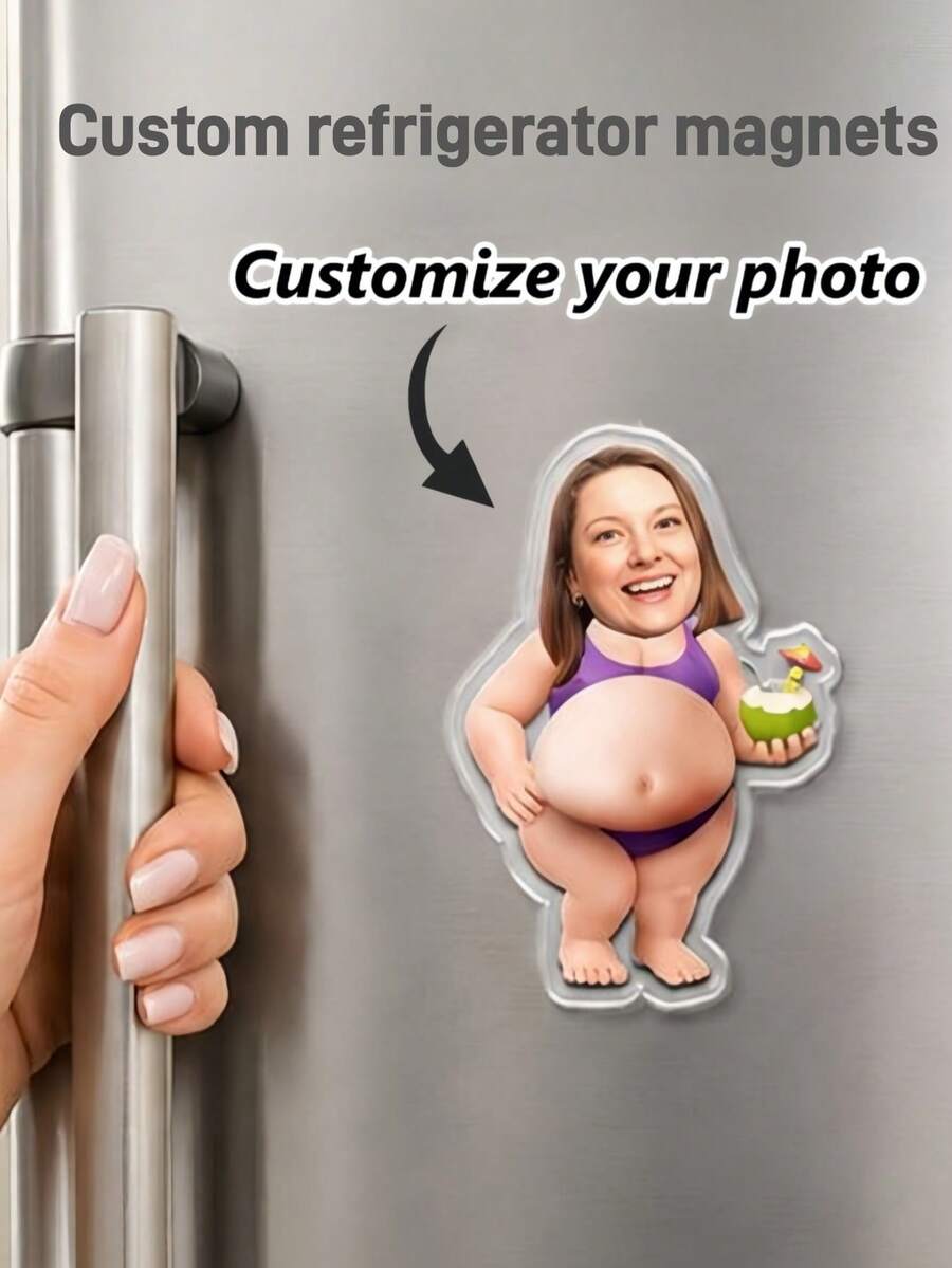 Customizable Face Photo, 2pcs Set Customized Fridge Magnets, Soft And Fun Belly Design, Anti-Collision Acrylic Fridge Magnets, Couple Gift - Multicolor - View 1
