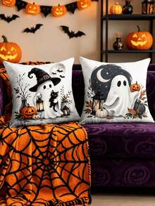 1/4pcs New Halloween Pattern Pillowcase, Halloween-Themed Cushion Cover, Decorative Pillowcase, Square Pillowcase, Halloween Decoration, Decorative Pillow, Suitable For Living Room, Sofa, And Bedroom Party Decoration, Pillow Insert Not Included - Multicolor - View 2