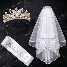 新娘派對禮品 3合1套組 白色準新娘肩帶 + 皇冠 + 面紗組合 婚禮單身派對裝飾禮品用品 - 白色 - 查看 8