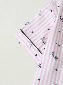 Women's Heart & Bow Print Short Sleeve & Shorts Pajama Set - Pink - View 3