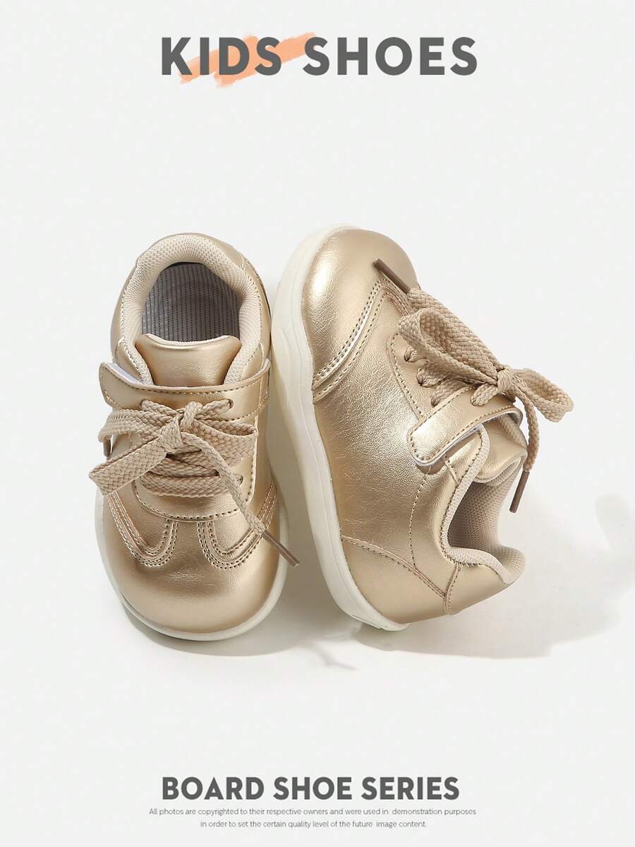 1 Pair Low-Top Round Toe Flat Sneakers For Toddlers And Young Children, Woven Lace-Up Design With Decorative Line Pattern, Minimalist Gentle Style, Suitable For Daily Wear, Holiday Outings, First Birthday Looks And More [Choose By Actual Cm Inner Length] - Gold - View 1