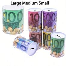 1pc Euro Dollar Piggy Bank, Large/Medium/Small Size, Max 5.9in*5.3in, Medium 4.9in*3.5in, Small 4.3in*3in, Oversized Tin Sealed Coin Bank, Savings Jar, Random Style And Color, Holiday Gift, Partial Random Pattern, [Dollar And Euro, 2 Patterns, Randomly Shipped], [No Lid Included] - Multicolor - View 2