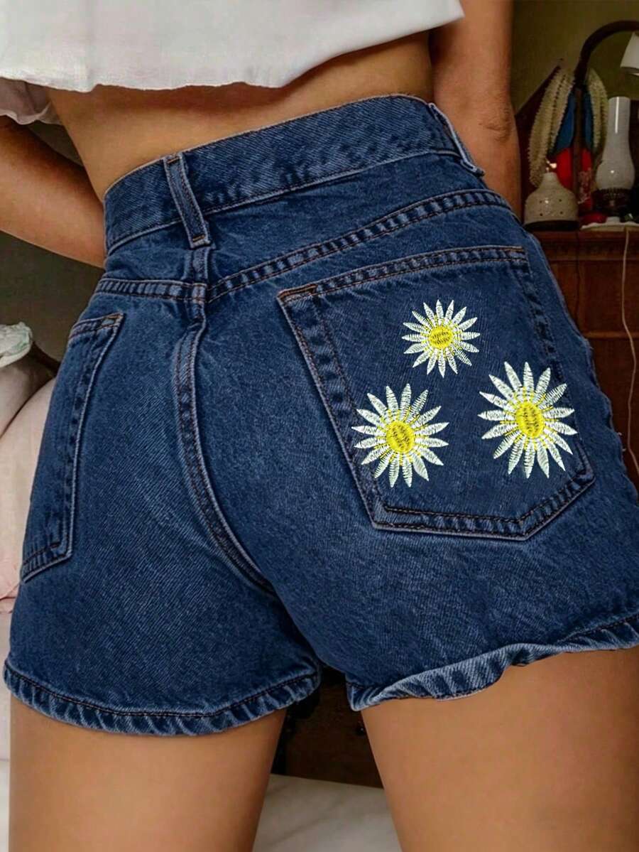 Teen GirlNon-Stretch Denim Shorts With Pockets And Embroidery, For Students - Dark Wash - View 1