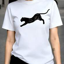 HPLSL|Mujer|Una camiseta|Entrega local|Camiseta de a la moda, dulce, fresca, con estampado de silueta de leopardo negro, ideal para damas - Blanco - Ver 1