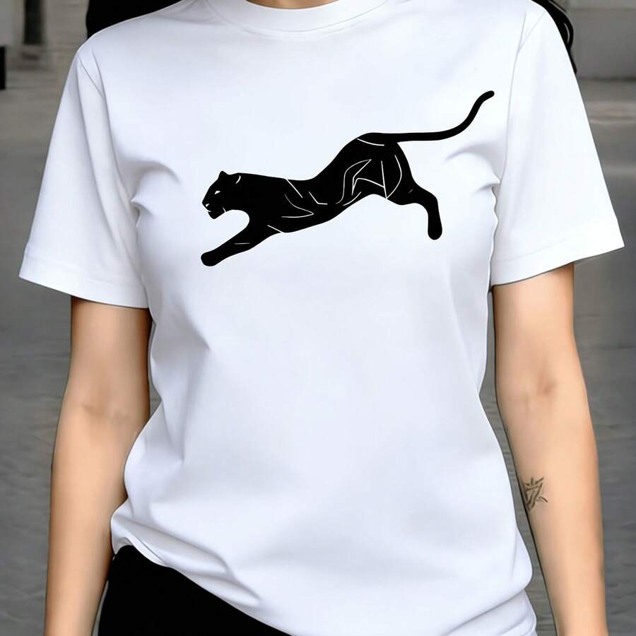 HPLSL|Mujer|Una camiseta|Entrega local|Camiseta de a la moda, dulce, fresca, con estampado de silueta de leopardo negro, ideal para damas - Blanco - Ver 1