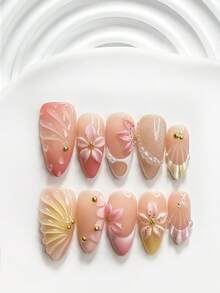 10片裝軟妹風手工穿戴甲，Polygel美甲套組，手工3D五瓣花、白色珍珠、粉色與黃色指甲油，夏季風格，附美甲工具，3種尺寸可選：方形、短方形、杏仁形，適合派對、跳舞、日常配戴 - 彩色 - 查看 3