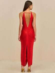 Vestido largo de fiesta con flecos, escote halter y abertura trasera - Rojo - Ver 3