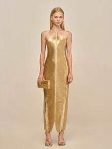Long Party Dress With Fringe, Halter Neckline And Back Slit - Gold - View 6