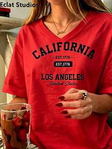 Women's Vintage California Los Angeles Graphic T-Shirt - Casual Round Neck, Sho200rt Sleeve, Cotton, Machine Washable, EST 1776 Print2025 - 紅色3 - 查看 2