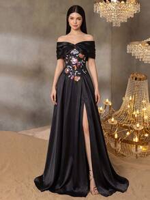 Alisa&Leo Floral Embroidered Satin Ruffle Shoulder Maxi Dress - A-Line Silhouette And Zipper Back Closure - Suitable For Prom, Party And Social Events - Black - View 5