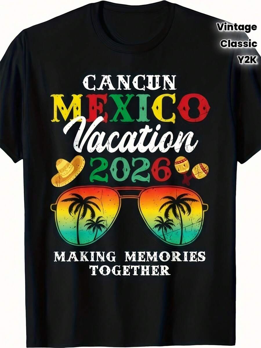 Camiseta estampada 2026 con temática de vacaciones en Cancún, México | Regalo inspirador estilo Y2K para papás, negro clásico, adecuado para todas las estaciones, cuello redondo, estilo vi - Negro - Ver 1