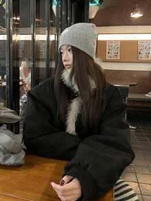 女款毛絨麂皮抓絨加厚外套，秋冬款絎縫填充外套 - 黑色 - 查看 9
