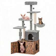 2-In-1 Hidden Litter Box And Cat Tree - Multi-Space Tower With Scratching Posts, Hammock, Platforms, Hanging Ball And Large Wooden Condominium - For Indoor Cats - Chocolate Brown - View 1