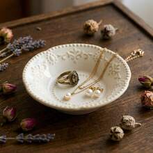 Vintage Embossed Jewelry Storage Decorative Tray With White Lace Mat Interior Decor Set/1pc Mat, 4.25 Inch European Vintage Distressed Style, Lace Trim Jewelry Tray, Vanity Ring Earring Storage Dish, Jewelry Box, Suitable For Jewelry Ring Storage Decoration And Interior Decor Storage, Can Be Used For Jewelry Display. - Retro White - View 6
