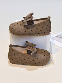 Girls' Linen Polka Dot Bow Decor Breathable Soft Sole Mary Jane Flats, Suitable For Spring And Summer - Coffee Brown - View 2