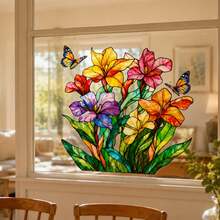Stained Glass Style Flower & Butterfly Window Cling, Reusable Static Window Decal, Non-Adhesive Suncatcher Sticker, Colorful Floral Privacy Film, Removable Home Decor For Living Room Bathroom Kitchen - Colorful Flower Stickers - View 3