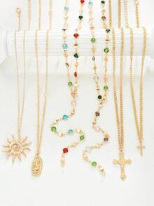 6pcs Multi-Layer Stackable Fashion Minimalist Elegant Exquisite Vintage Design Geometric Sun Embossed Texture Cross Colorful Rhinestone Bling Bling Shiny Minimalist Plain Chain Metal Style Multi-Layer Pendant Necklace Set For Holiday Vacation Party Date Gift Daily Commute Wear - Yellow Gold - View 2