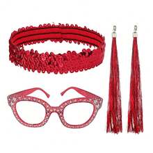3pcs Disco 70s/80s Shiny Party Costume Accessories Set, Sequin Headband + Decorative Rhinestone Glasses (No Lenses) + Tassel Pendant Ear Clips, Suitable For Cosplay, Halloween Party Accessories, Daily Gathering Supplies, 70s/80s Disco Party - Multicolor - View 11