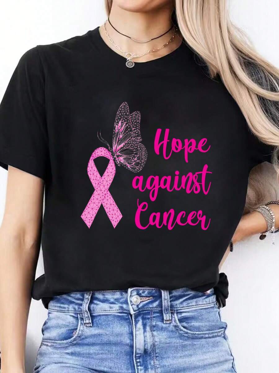 Camiseta de algodón puro, estampado de letras "Pink October", camiseta casual de primavera/verano, cuello redondo, manga corta, camiseta deportiva, top para mujer. - Negro - Ver 1