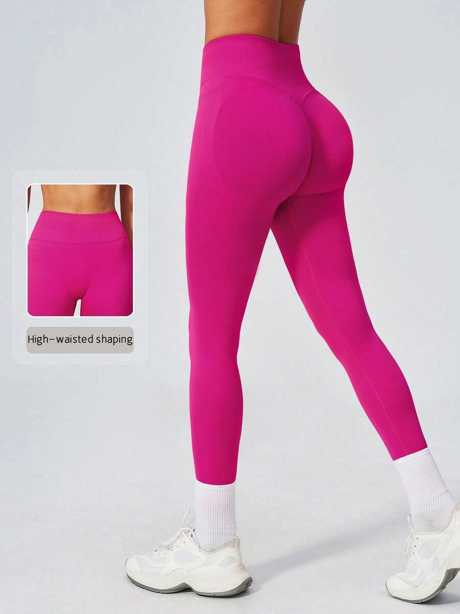 NcmRyu Women's 1pc Solid Color Wide Ribbed High Waist Tummy Control Butt Lifting Tight Fit Sports Leggings - Hot Pink - View 1