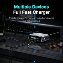 HEARTIGER 100W GaN 智慧桌面充電站，2.3 吋 HD 大螢幕即時充電功率顯示，4 個 USB-C 接口 + 1 個 USB-A 接口快速充電輸出，相容 Apple/Android 手機、平板、筆電，智慧旋鈕控制，多裝置同時快充，全新桌面充電體驗 - 黑色 - 查看 4