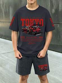 2 peças/Conjunto Camiseta de Manga Curta e Shorts Casuais e Legais com Estampa de Carro Vermelho para Meninos, Novo Conjunto de Verão - Chumbo - Visão 1