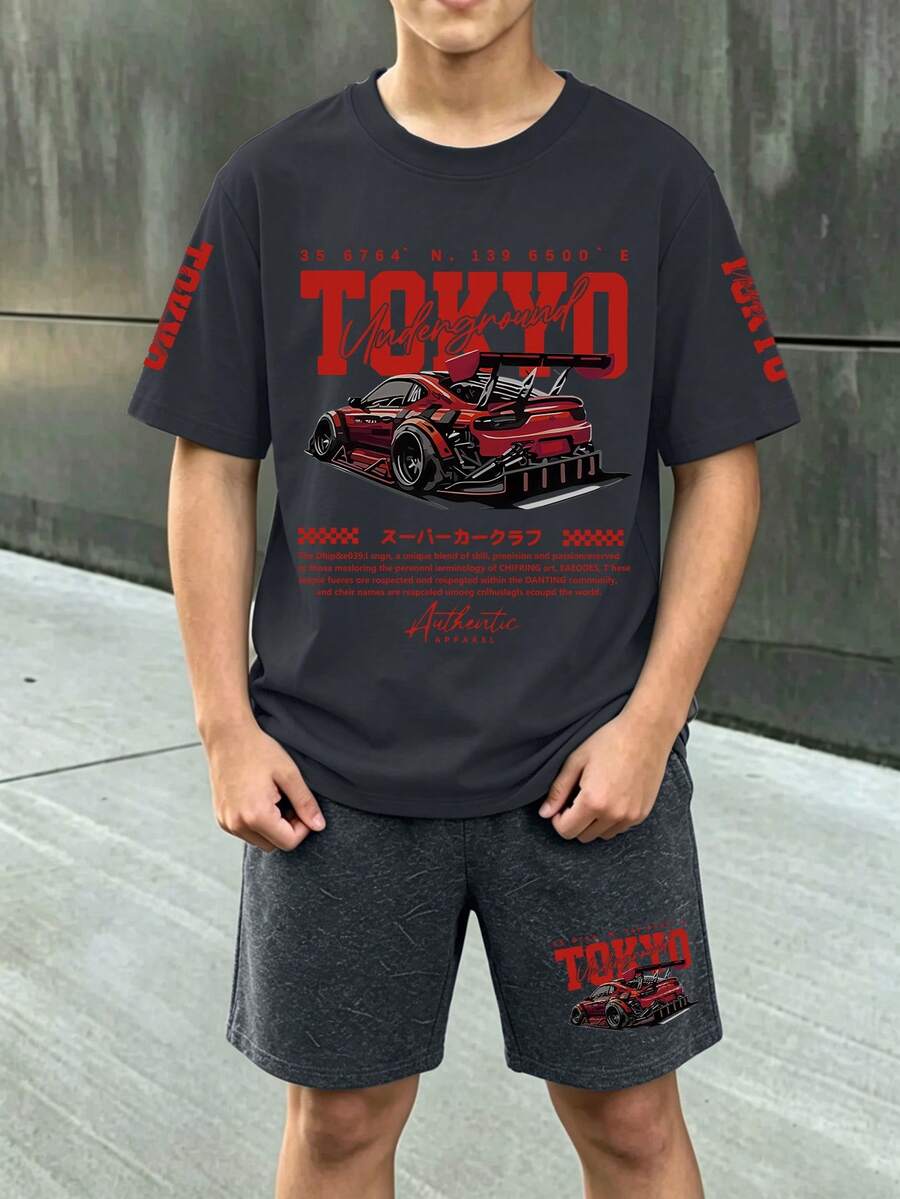 2 peças/Conjunto Camiseta de Manga Curta e Shorts Casuais e Legais com Estampa de Carro Vermelho para Meninos, Novo Conjunto de Verão - Chumbo - Visão 1