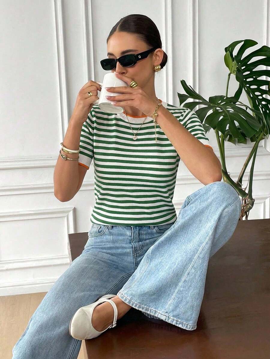 Casual Striped Knit Tops - Green - View 1
