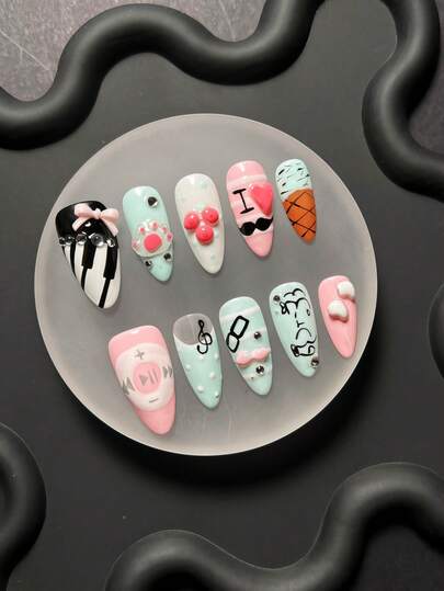 10-Piece Handmade Press On Nails, Y2K Style, Almond-Shaped Nails, Cute Style, 3D Nail Piano, Musical Notes, Ice Cream And Cute Doodle Elements, Reusable, Suitable For Everyday/Holiday Wear.