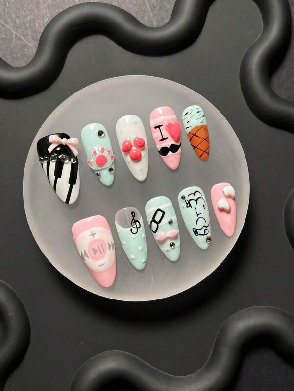 10-Piece Handmade Press On Nails, Y2K Style, Almond-Shaped Nails, Cute Style, 3D Nail Piano, Musical Notes, Ice Cream And Cute Doodle Elements, Reusable, Suitable For Everyday/Holiday Wear.