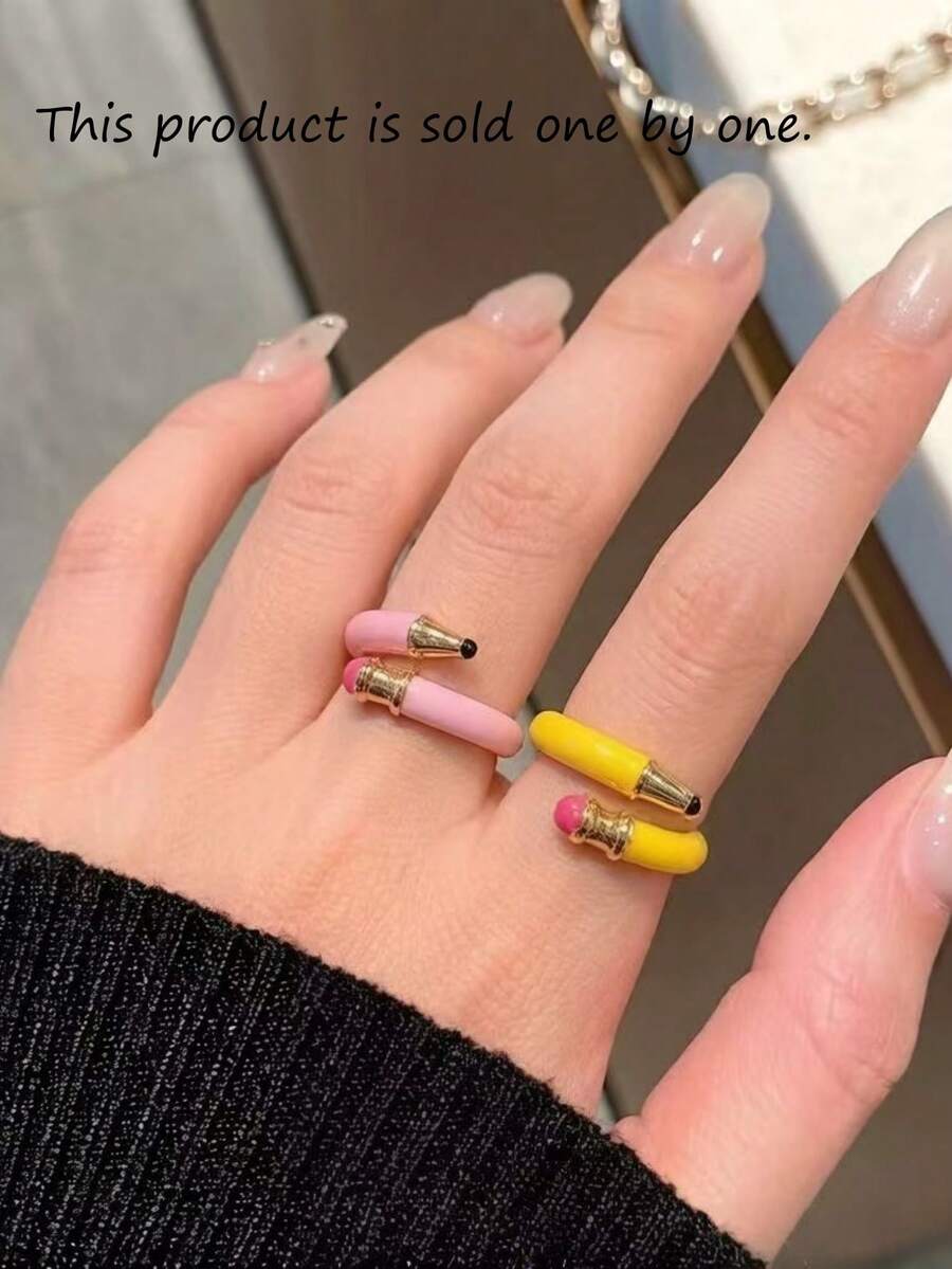1pc Minimalist Fashion Pencil-Shaped Open Ring For Women, Suitable For Daily Wear, Back To School Season, Graduation Season, Teacher's Day, Holiday Gift - Pencil Ring - View 1
