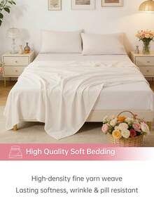 HONEYMOON 3/4件套純色床上用品套裝（3件套 = 1件床笠 + 1件床單 + 1件枕套，4件套 = 1件床笠 + 1件床單 + 2件枕套）100%聚酯纖維布料，Ins風，適用9-12英吋深口袋，抗縮水，可機洗，適合多種尺寸，四季通用，居家與學校宿舍使用，開學必備，Oeko-Tex認證，米色 - 米色 - 查看 7