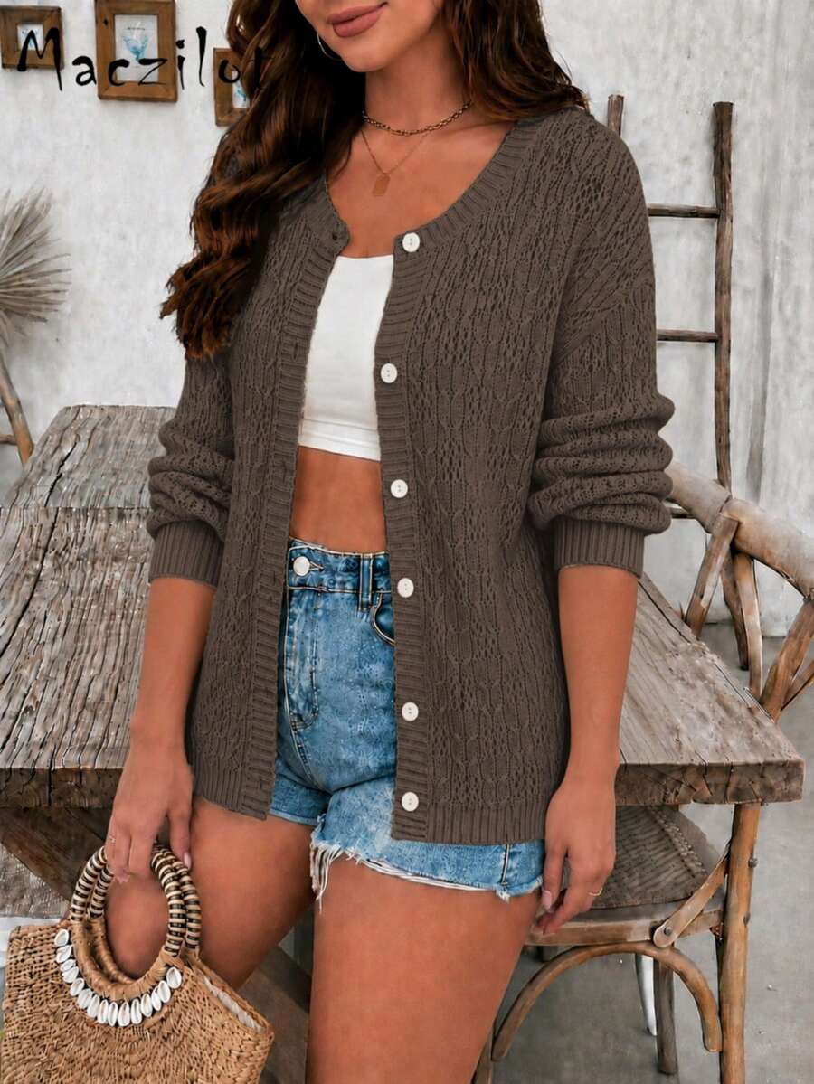 Plus Size Women's Autumn Solid Color Hollow Out Thin Comfortable Round Button Neck Elegant Loose Knit Cardigan Outerwear For Vacation