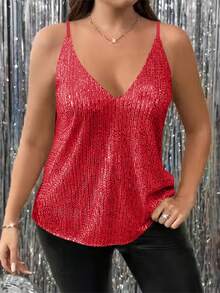 Talla Grande - Talla Grande - Cami de tirantes finos con lentejuelas, cuello en V y diseño occidental transfronterizo - Rojo - Ver 5