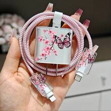 Casing Pelindung Kabel Data dan Charger dengan Motif Kupu-kupu dan Bunga Sakura, Tempat Penyimpanan Kabel Data, Dilengkapi Tanda untuk Mencegah Terambil Secara Tidak Sengaja - Berkualitas Tinggi, Kompatibel dengan iPhone 17, 16, 15, 14, 13, 12, dan 11, Adaptor Pengisian Daya 20W. - MultiWarna - View 2