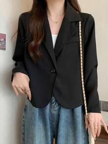 Women's Black Casual Long Sleeve Blazer, Elegant Single-Button Short Suit Jacket Fall - Black - View 3