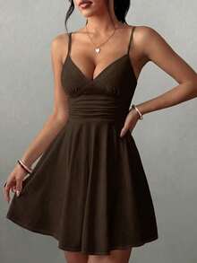 Adjustable Shoulder Strap Waist Pleated Ruffle A-Line Mini Dress, Sexy Fashion Versatile Daily Wear, Spring/Summer New Style - Brown - View 5