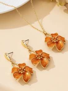 Set Kalung dan Anting Liontin Bunga Oranye 3pcs/Set, Hadiah Liburan untuk Teman dan Sahabat Terbaik - Gaya 16 - View 3