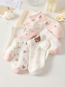 5 Pairs Pink Cute Bear And Bow Pattern Women's Short Socks, Non-Slip Comfortable Breathable, Suitable For Spring And Summer, Suitable For Sports And Casual Wear - Pink - View 6