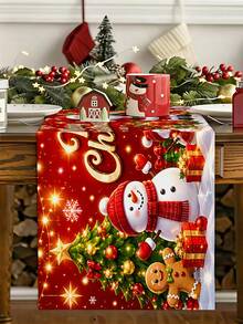 1pc 35*180cm/13.78*70.87inch Christmas Decorative Polyester Table Runner, Christmas Tree, Snowflake, Poinsettia, Bell, Gift Box, Bow, Snowman, Red Berry, Santa Claus Cartoon Pattern Design, Suitable For Home Dining Table Holiday Decor, Festive Atmosphere Christmas Tablecloth, Desktop Decorative Fabric - Multicolor - View 10