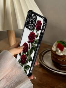 1PC Fashion Rose Print Electroplated Shockproof Phone Case, Anti-Shock Electroplated Phone Case, Deep Red Rose Pattern, Simple Fashion Shockproof, With Personalized Design. Suitable For IPhone 17/Air/17 Pro/17 Pro Max/16/15/14/13/12/11 And Other Models, Suitable As A Daily Gift For Friends - Multicolor - View 4