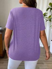 Talla Grande - Talla Grande - Camiseta Casual de Color Sólido con Cuello en V Cruzado y Mangas Cortas para Verano - Morado - Ver 2