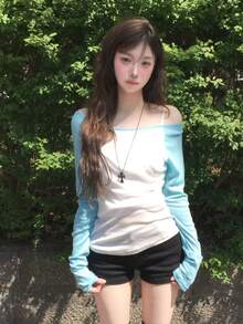 Women's Cold Shoulder Long Sleeve Knit Top, Round Neck Design, Fashion Regular Length, Autumn Knit Sweater - White - View 1
