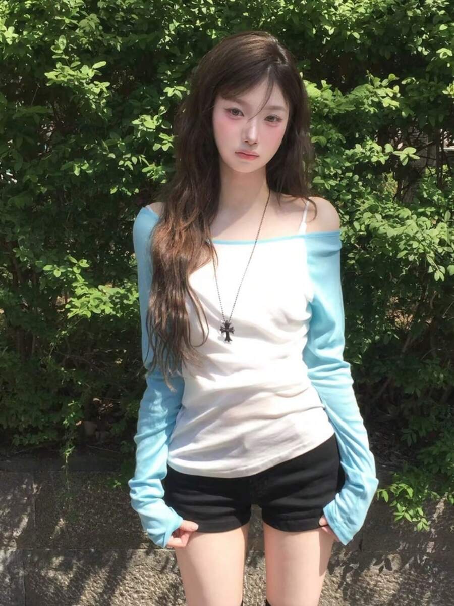 Women's Cold Shoulder Long Sleeve Knit Top, Round Neck Design, Fashion Regular Length, Autumn Knit Sweater - White - View 1