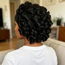 8 Inch Natural Black Big Wave Human Hair Headband Wig, Machine Made, Short Curly Wrap Around Headband Wig For Women - Natural Black - View 8