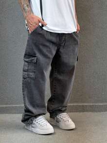 Plus Size Cargo Jeans, Black, Stonewashed, Spring/Summer, Autumn/Winter, Loose Fit, Drawstring - Grey - View 10