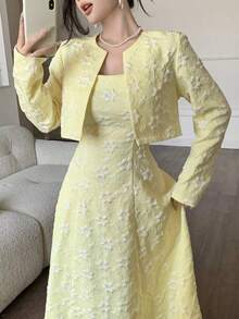 Elegante traje de chaqueta de jacquard para dama para exteriores - Caqui - Ver 9