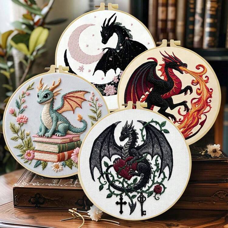 1個 完結刺繍キット 20x20cm/7.9インチ 9種類のドラゴン柄:ゴシック