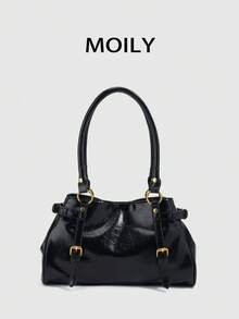 1pc Y2K Punk Style Buckle Design Shoulder Bag Pillow Bag, PU Material, Magnetic Closure, Suitable For Daily Commute, Shopping, Fashion Party Essential Item - Black - View 9
